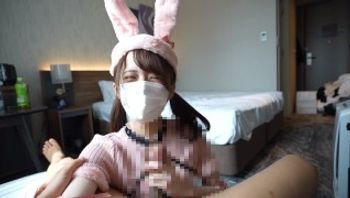 Japanese girls gives a guy a drooling and handjob wearing a fluffy bunny costume.-cosplayhands - 私房ACG - sifacg.com
